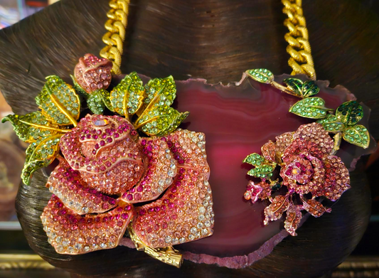 Fuchsia Agate & Ornate Rhinestone Roses Breast Plate, Bridal Weddin