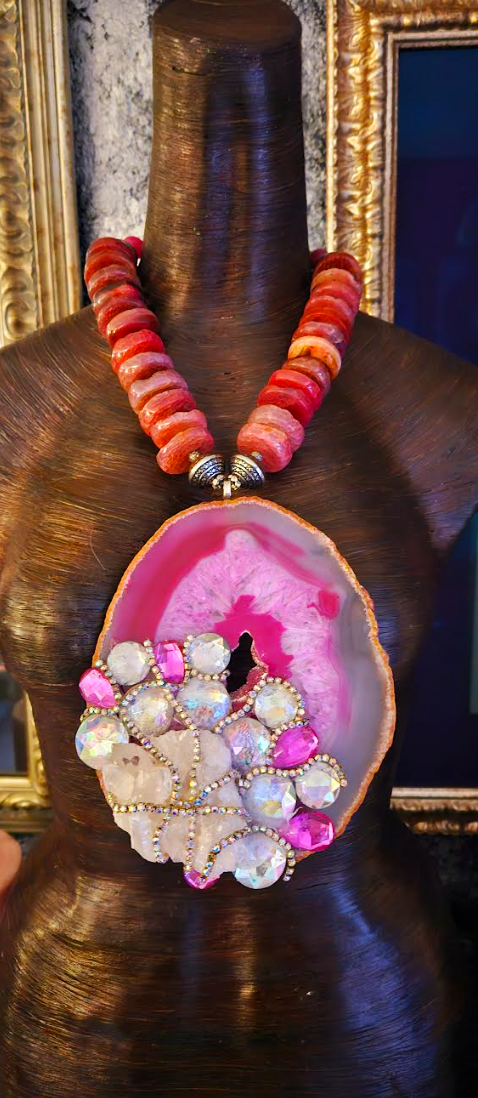 Huge Hot Pink Agate Gemstone Pendant with Crystals, Pinky Red Agate Ro