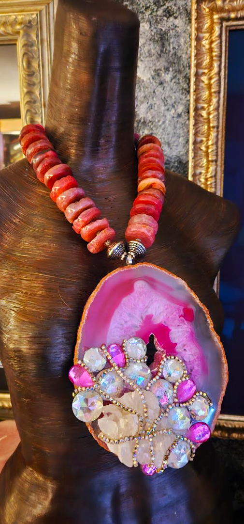 Huge Hot Pink Agate Gemstone Pendant with Crystals, Pinky Red Agate Ro