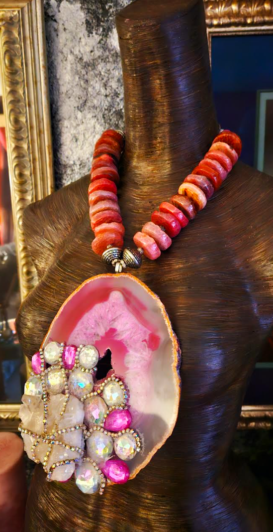 Huge Hot Pink Agate Gemstone Pendant with Crystals, Pinky Red Agate Ro