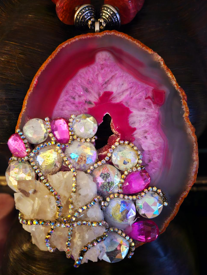 Huge Hot Pink Agate Gemstone Pendant with Crystals, Pinky Red Agate Ro