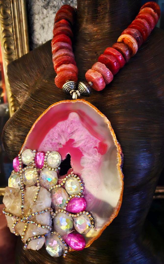 Huge Hot Pink Agate Gemstone Pendant with Crystals, Pinky Red Agate Ro