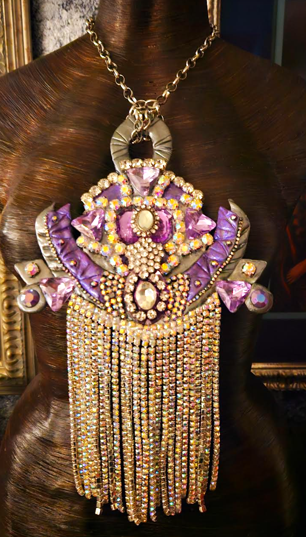 Rhinestone Fringe Art Deco Statement Gemstone Pendant - 1920s Gatsby