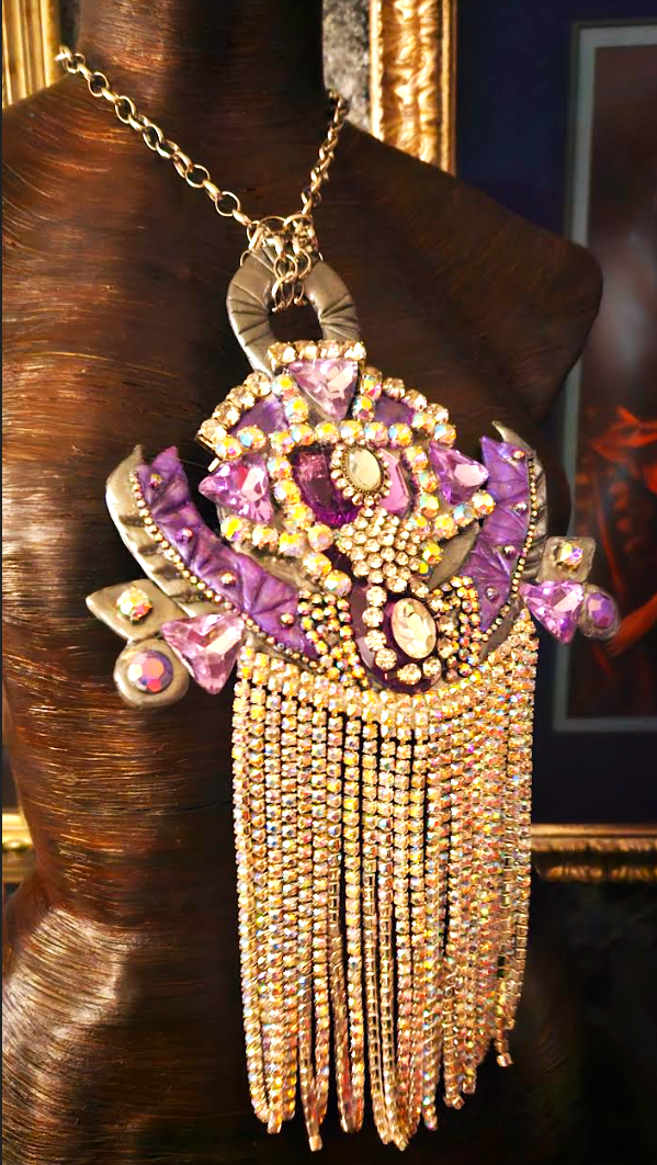 Rhinestone Fringe Art Deco Statement Gemstone Pendant - 1920s Gatsby