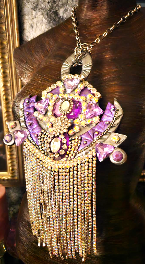 Rhinestone Fringe Art Deco Statement Gemstone Pendant - 1920s Gatsby