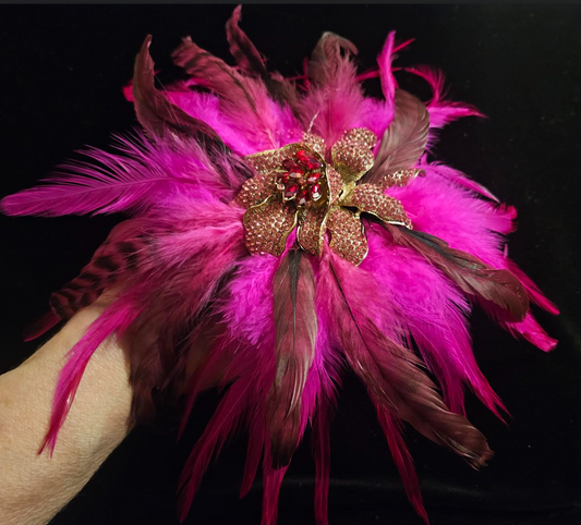 Rhinestone Orchid & Feather Adjustable Hand Ring, Fantasy Statement