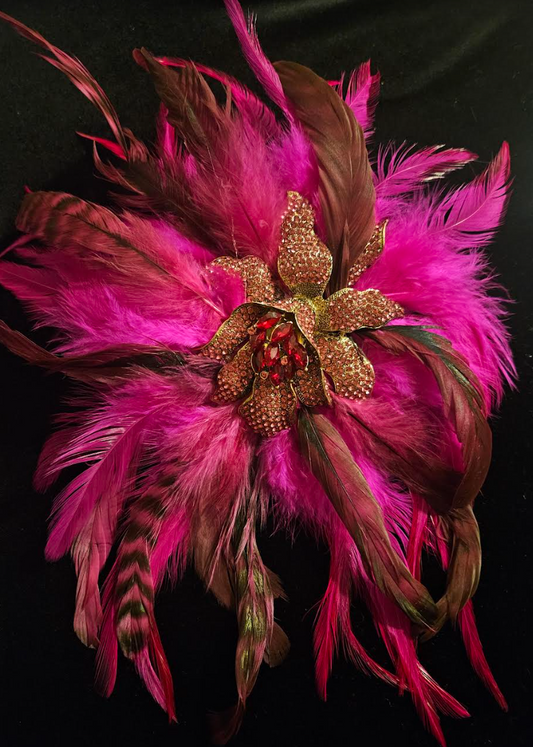 Rhinestone Orchid & Feather Adjustable Hand Ring, Fantasy Statement