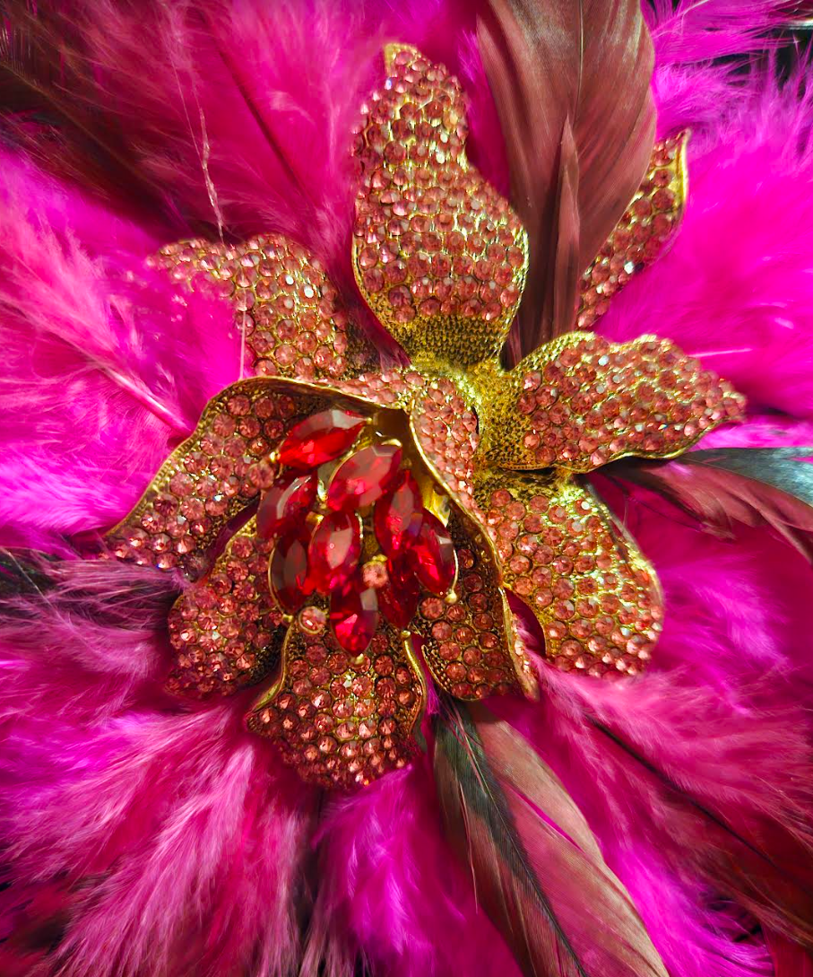 Rhinestone Orchid & Feather Adjustable Hand Ring, Fantasy Statement