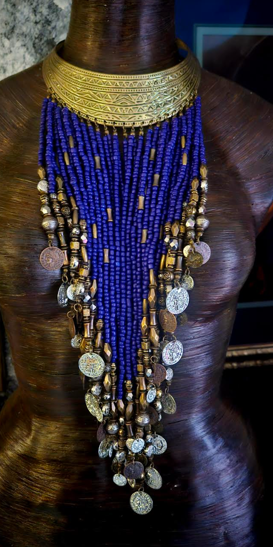 Ornate Beaded With Faux Coin Ethnic Torc for Unisex, Purple & Silve
