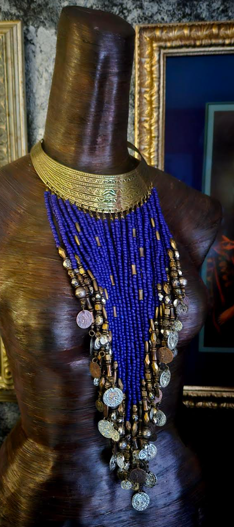 Ornate Beaded With Faux Coin Ethnic Torc for Unisex, Purple & Silve