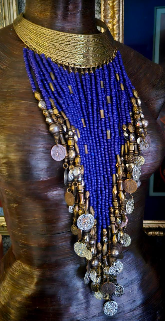 Ornate Beaded With Faux Coin Ethnic Torc for Unisex, Purple & Silve