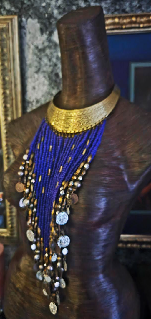 Ornate Beaded With Faux Coin Ethnic Torc for Unisex, Purple & Silve