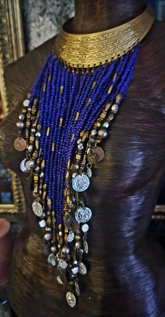 Ornate Beaded With Faux Coin Ethnic Torc for Unisex, Purple & Silve