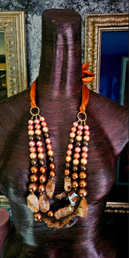 Cultured Pearl & Rough Agate Triple Strand XL Bib Luxury Necklace, Bro