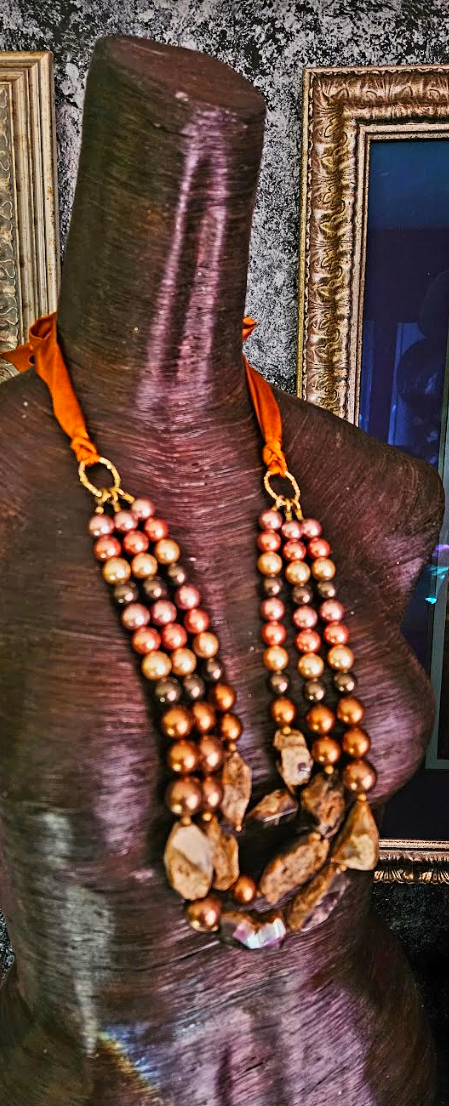 Cultured Pearl & Rough Agate Triple Strand XL Bib Luxury Necklace, Bro