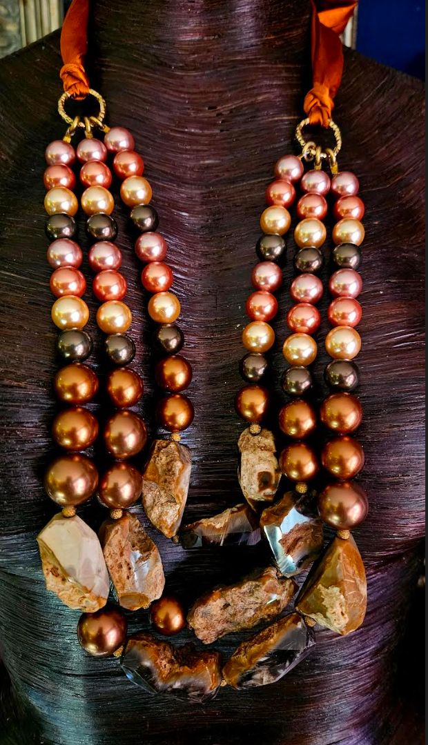 Cultured Pearl & Rough Agate Triple Strand XL Bib Luxury Necklace, Bro