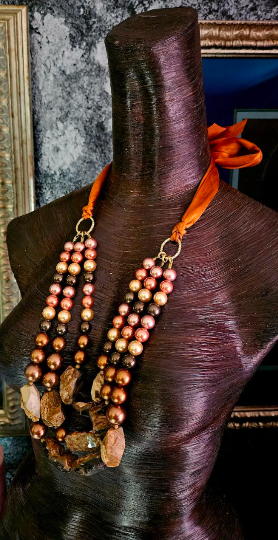 Cultured Pearl & Rough Agate Triple Strand XL Bib Luxury Necklace, Bro