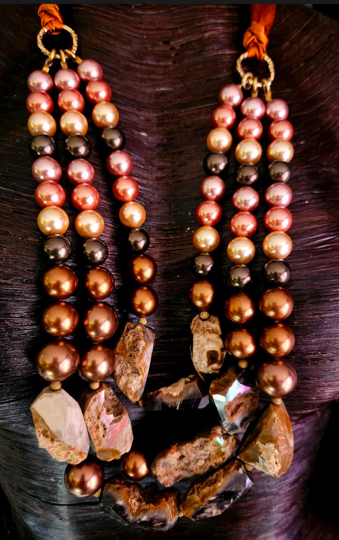 Cultured Pearl & Rough Agate Triple Strand XL Bib Luxury Necklace, Bro