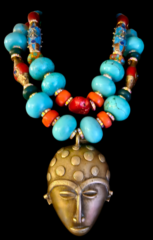 Lost Wax Brass African Mask Tribal Luxury Necklace - Bold Unisex