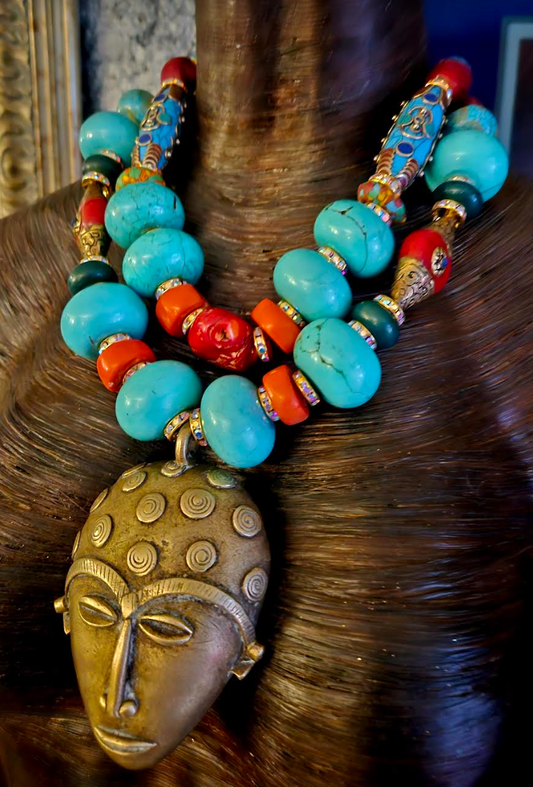 Lost Wax Brass African Mask Tribal Luxury Necklace - Bold Unisex