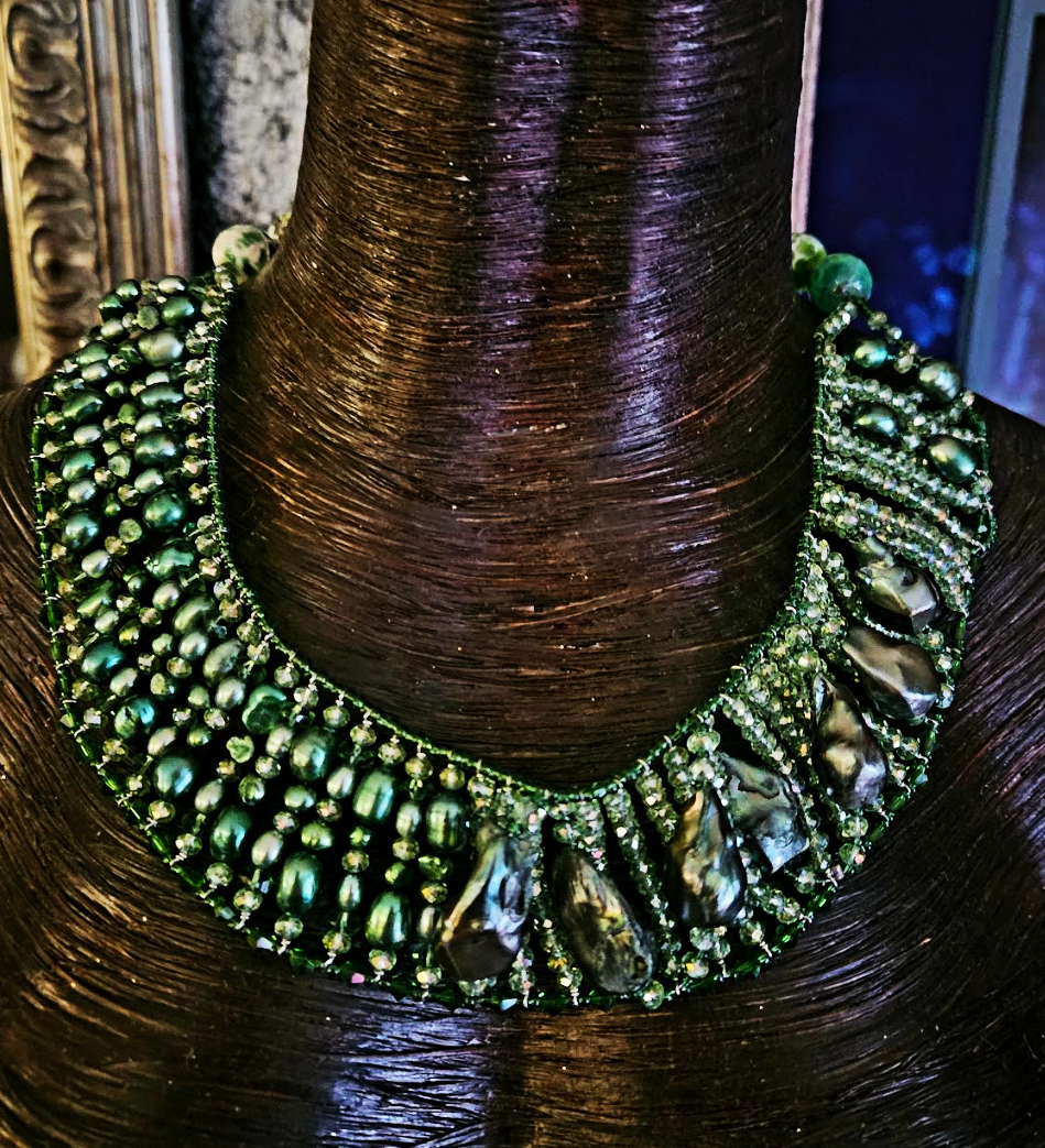 Dark Green Faceted Crystal and Fancy Baroque Freshwater Pearl State