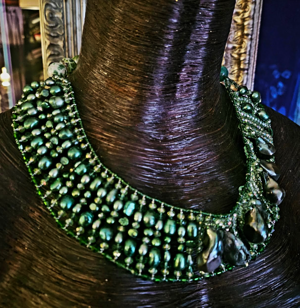 Dark Green Faceted Crystal and Fancy Baroque Freshwater Pearl State