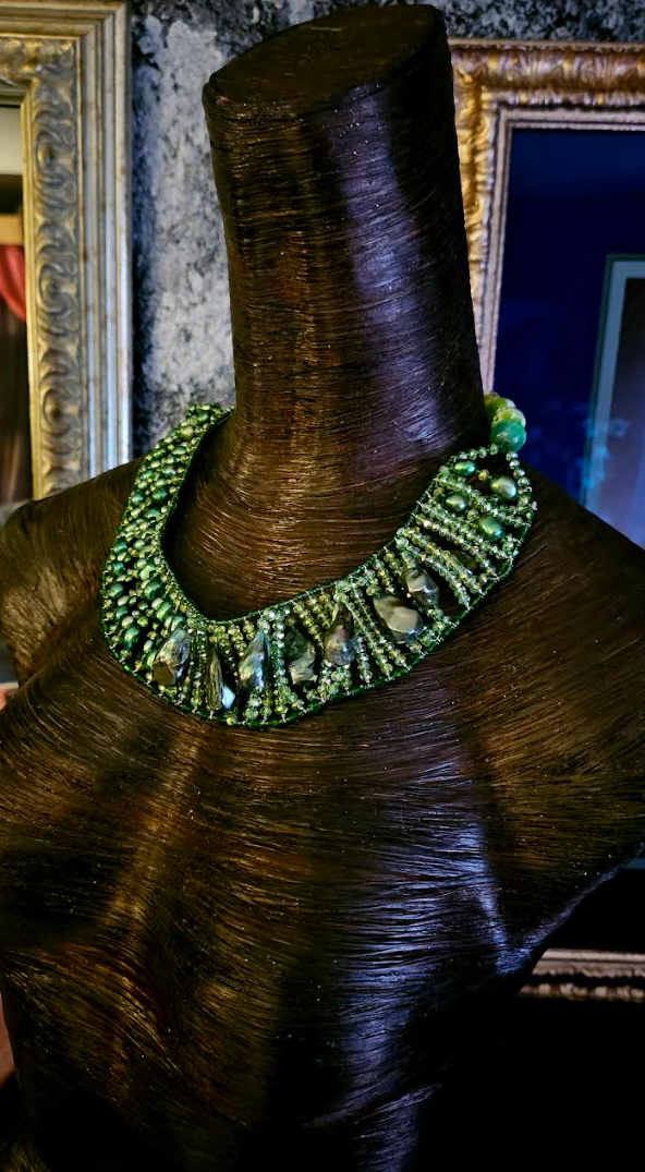 Dark Green Faceted Crystal and Fancy Baroque Freshwater Pearl State