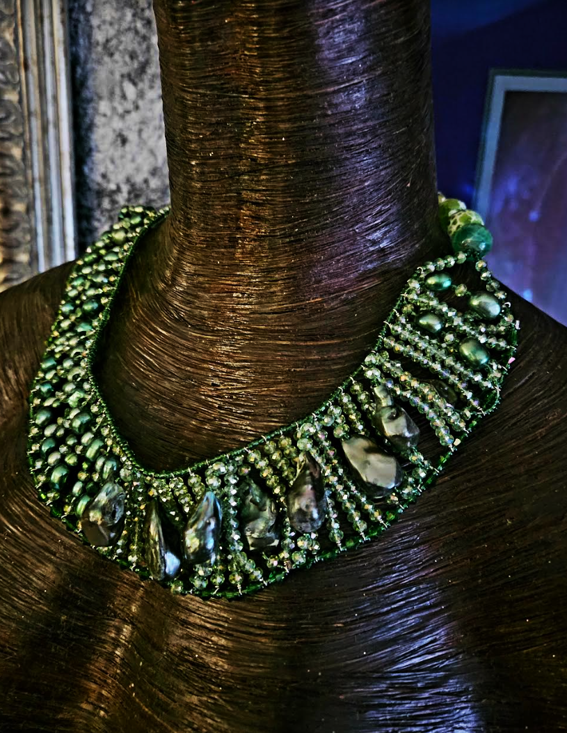 Dark Green Faceted Crystal and Fancy Baroque Freshwater Pearl State