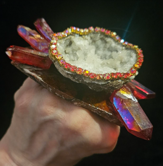 Geode Rhinestone & Ruby Red Crystal Jasper Slab Statement Ring, Ove