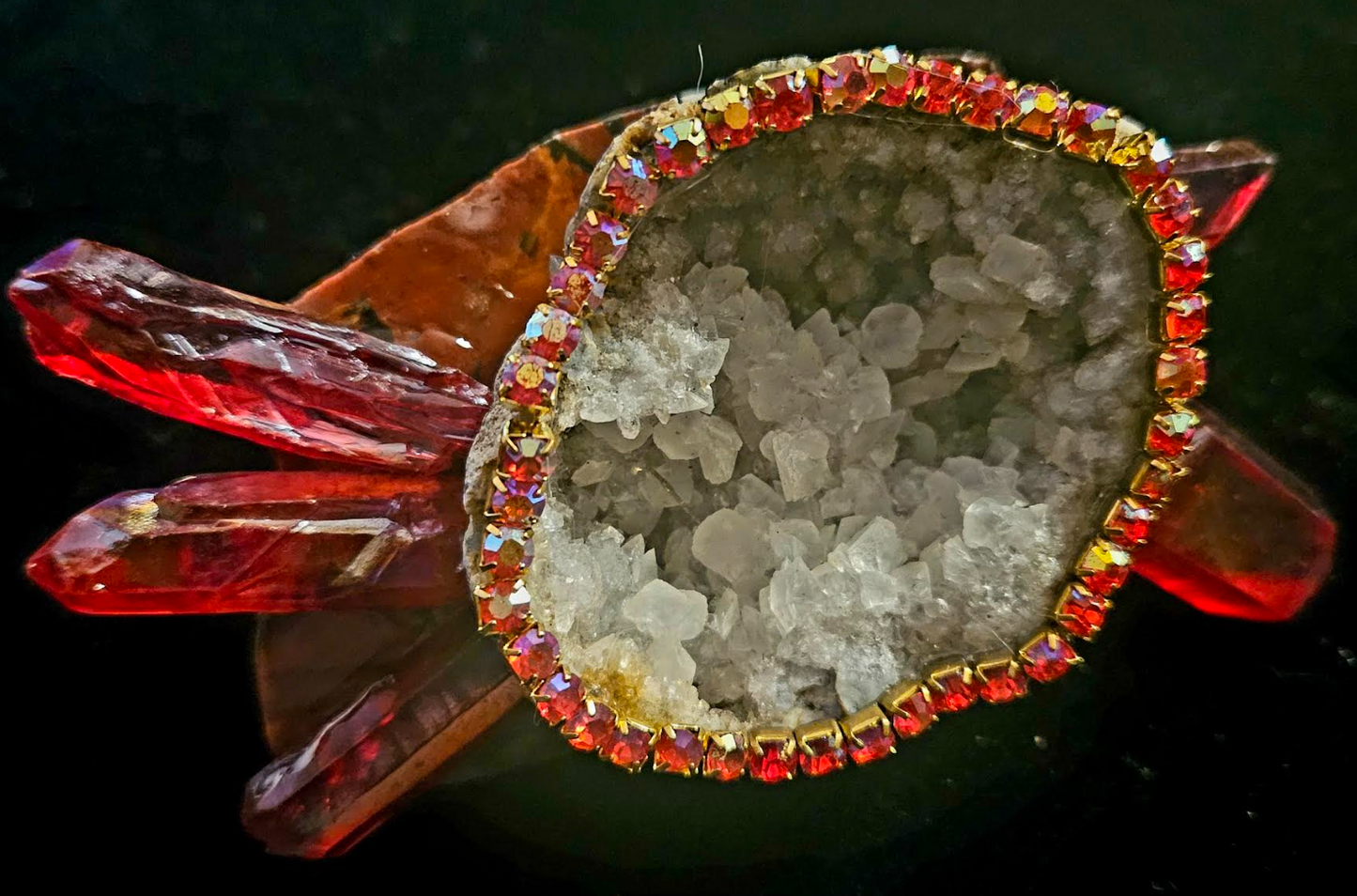 Geode Rhinestone & Ruby Red Crystal Jasper Slab Statement Ring, Ove