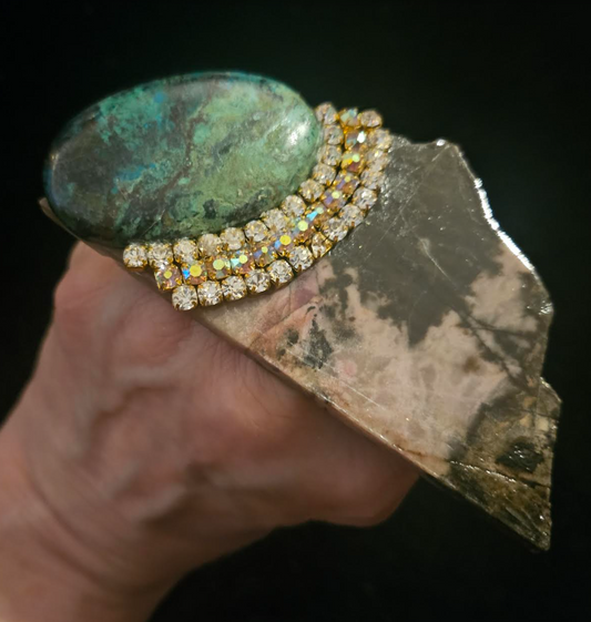 Earthy Jasper Slab Chrysocolla & Rhinestone Adjustable Hand Ring, A