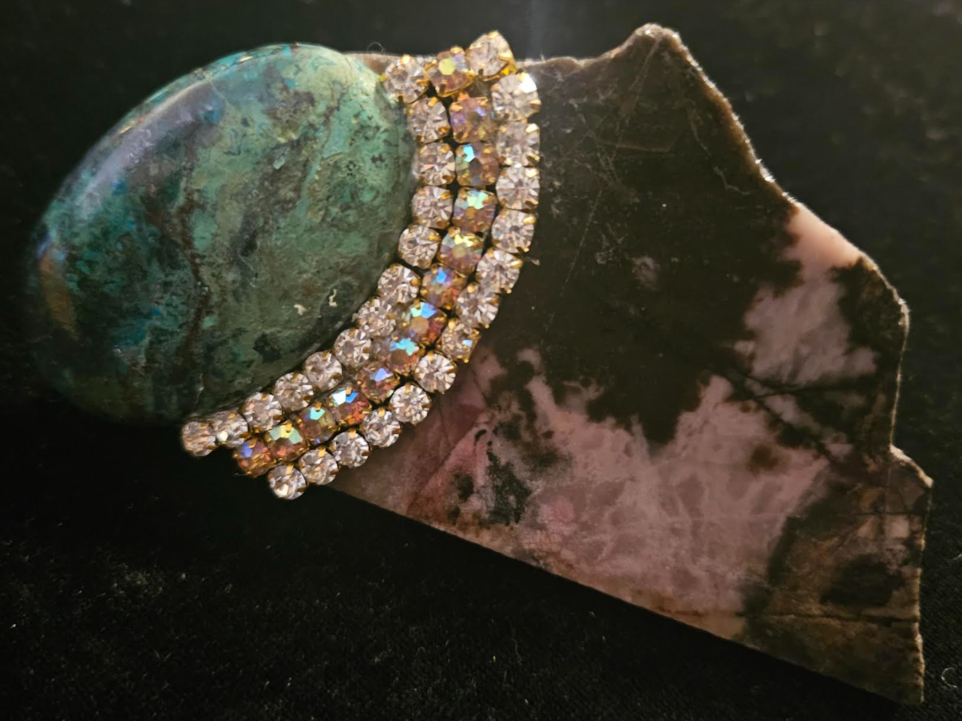 Earthy Jasper Slab Chrysocolla & Rhinestone Adjustable Hand Ring, A