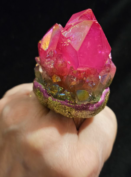 Fuchsia & Green Rough Record Keeper Quartz Adjustable Ring