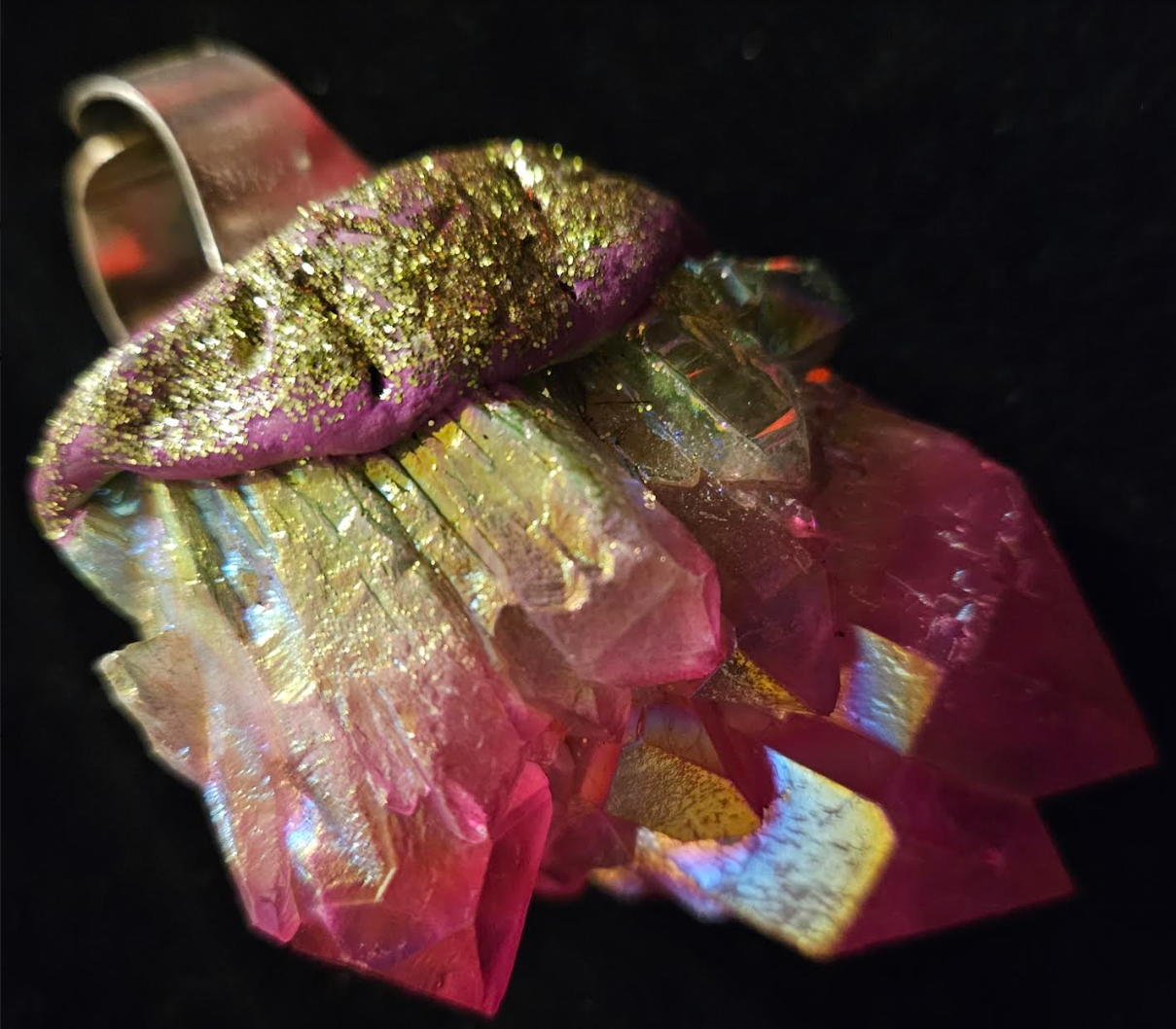 Fuchsia & Green Rough Record Keeper Quartz Adjustable Ring