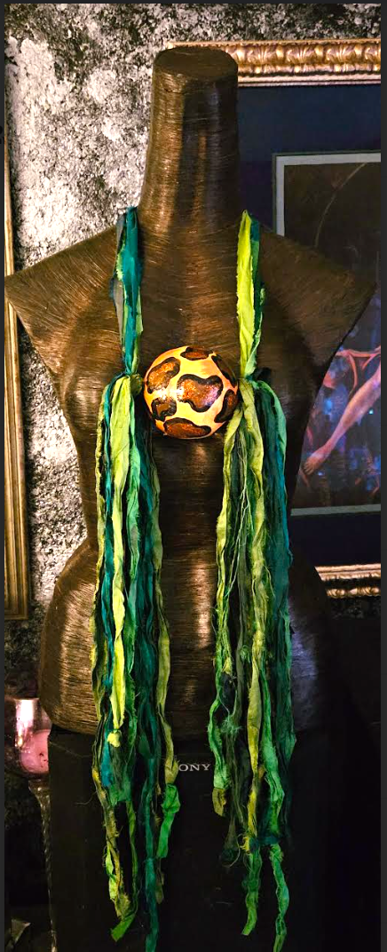 Green & Blue Raw Sari Silk Ribbon Chest Piece & Leopard Orb Accent