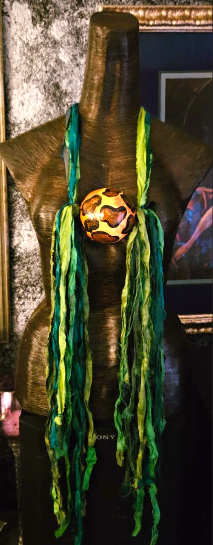 Green & Blue Raw Sari Silk Ribbon Chest Piece & Leopard Orb Accent