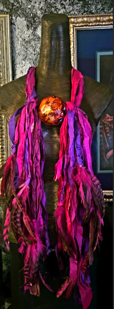 Fuchsia & Purple Sari Silk Ribbon and Feather Chest Piece with Alco