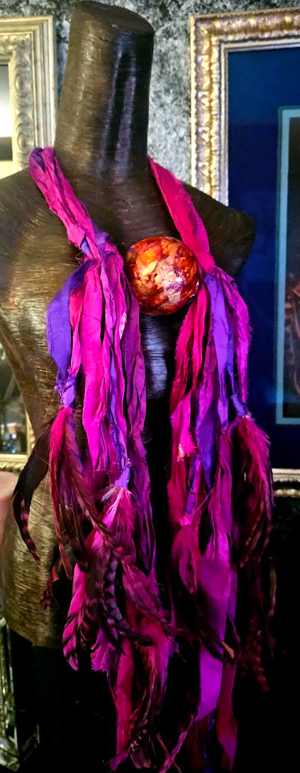 Fuchsia & Purple Sari Silk Ribbon and Feather Chest Piece with Alco