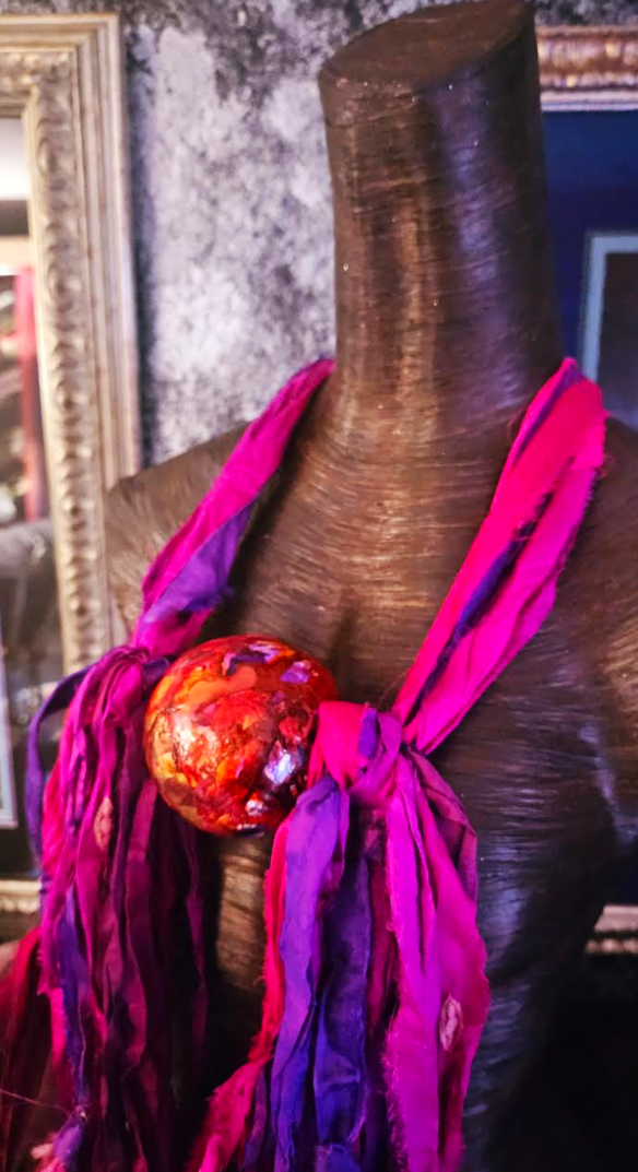 Fuchsia & Purple Sari Silk Ribbon and Feather Chest Piece with Alco