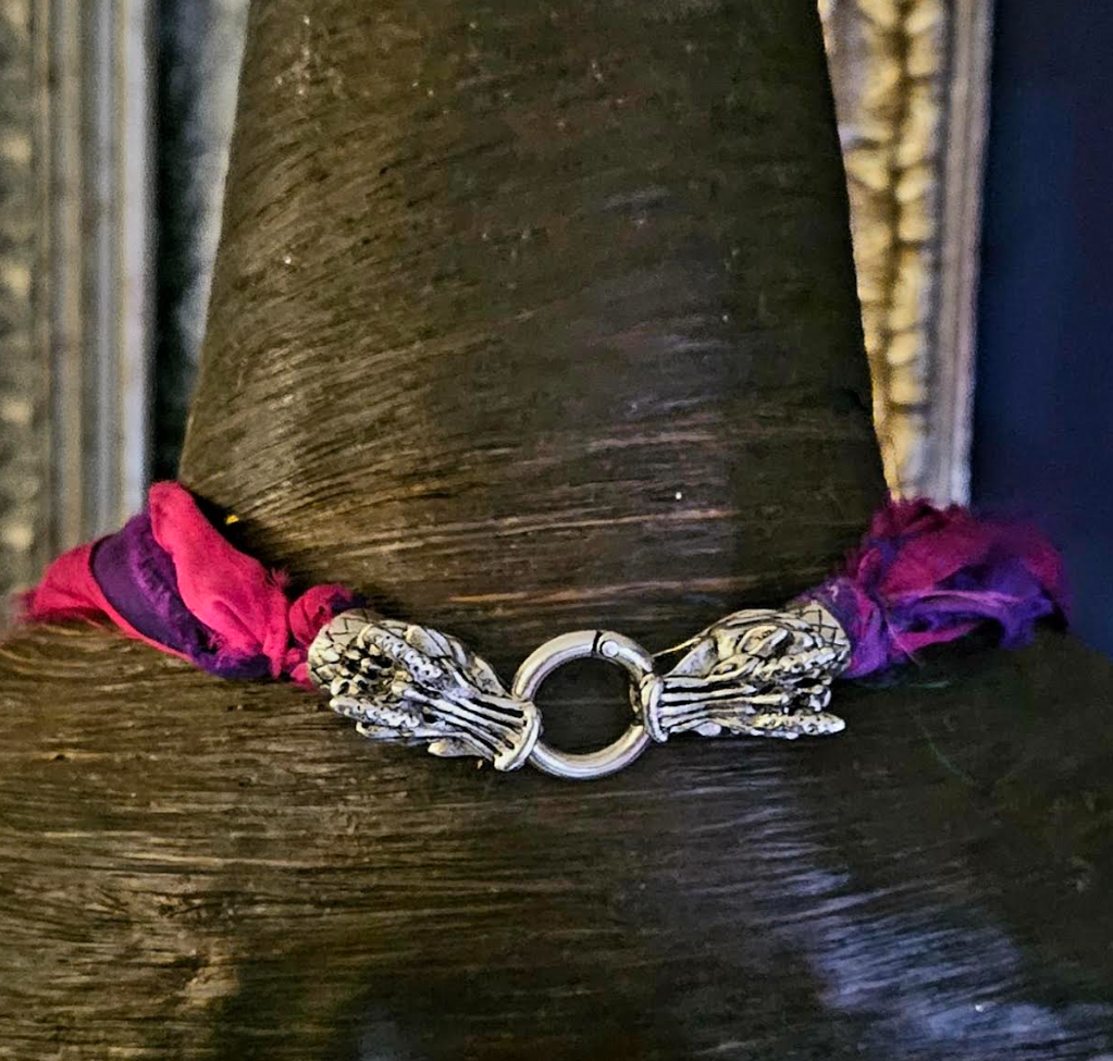 Fuchsia & Purple Sari Silk Ribbon & Feather Chest Piece - Casual Attire