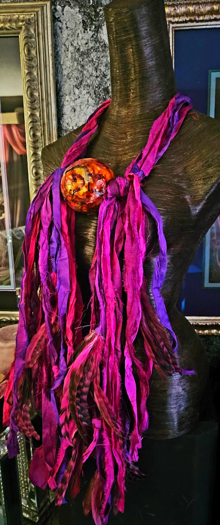 Fuchsia & Purple Sari Silk Ribbon and Feather Chest Piece with Alco