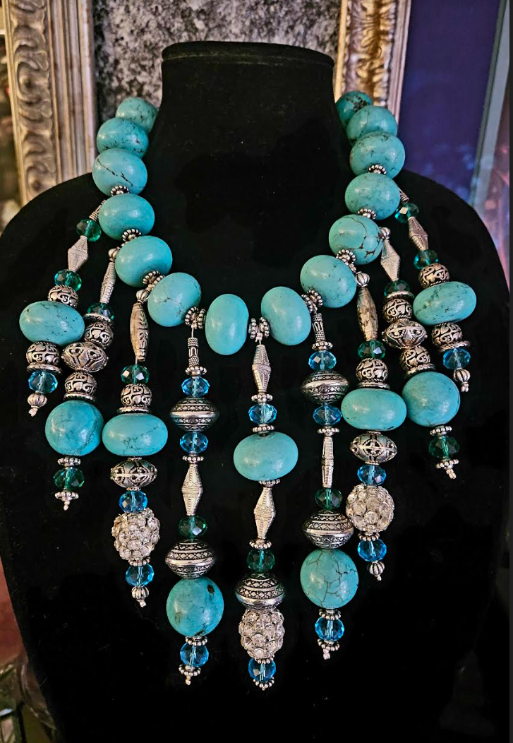 Blue & Silver Beaded Ornate Waterfall Luxury Necklace - Artist Jewelry