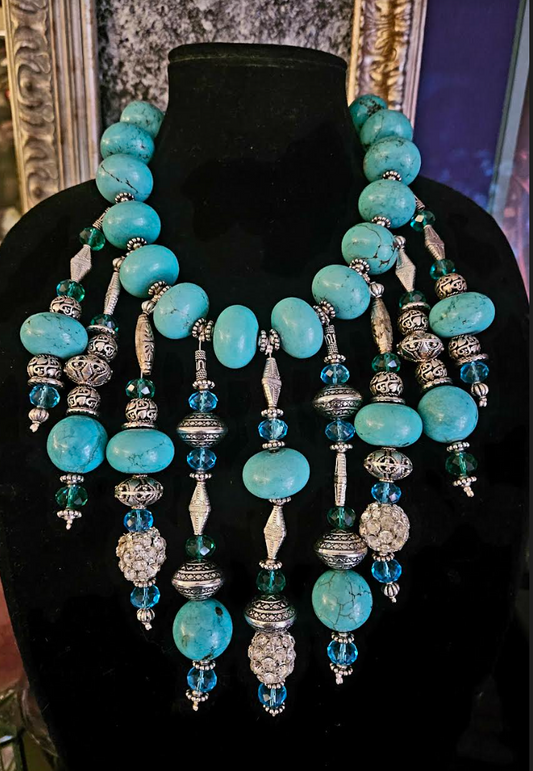 Blue Silver Beaded Waterfall Necklace - Boho Glamour