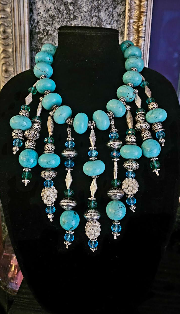 Blue & Silver Beaded Ornate Waterfall Luxury Necklace - Artist Jewelry