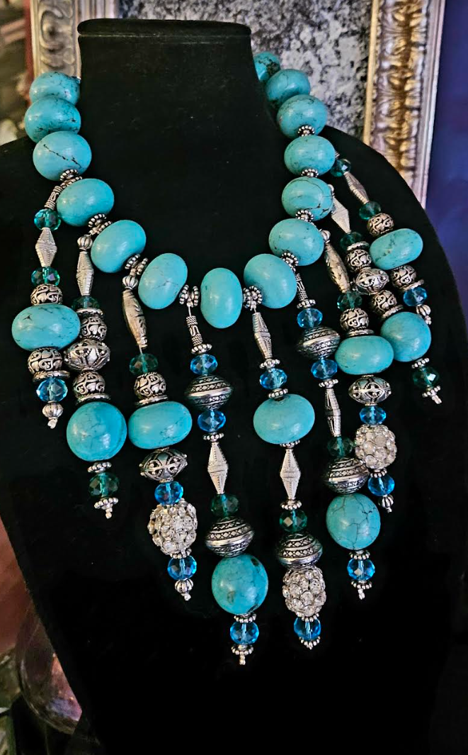 Blue & Silver Beaded Ornate Waterfall Luxury Necklace - Artist Jewelry