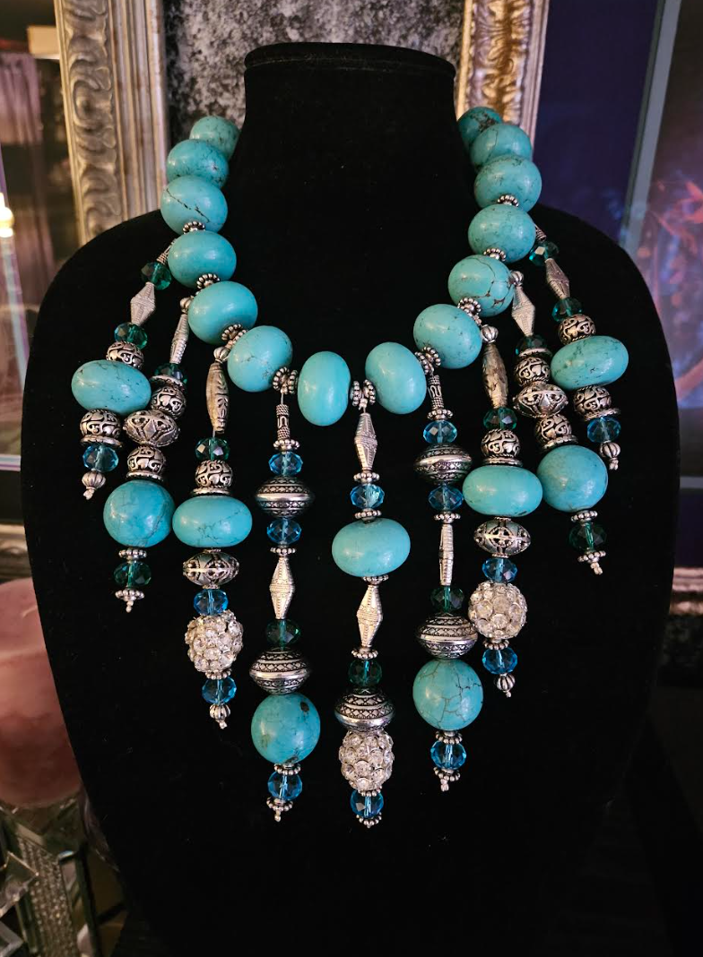 Blue & Silver Beaded Ornate Waterfall Luxury Necklace - Artist Jewelry