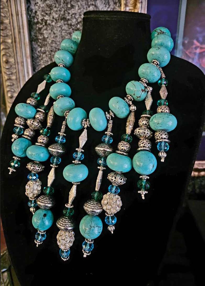 Blue & Silver Beaded Ornate Waterfall Luxury Necklace - Artist Jewelry