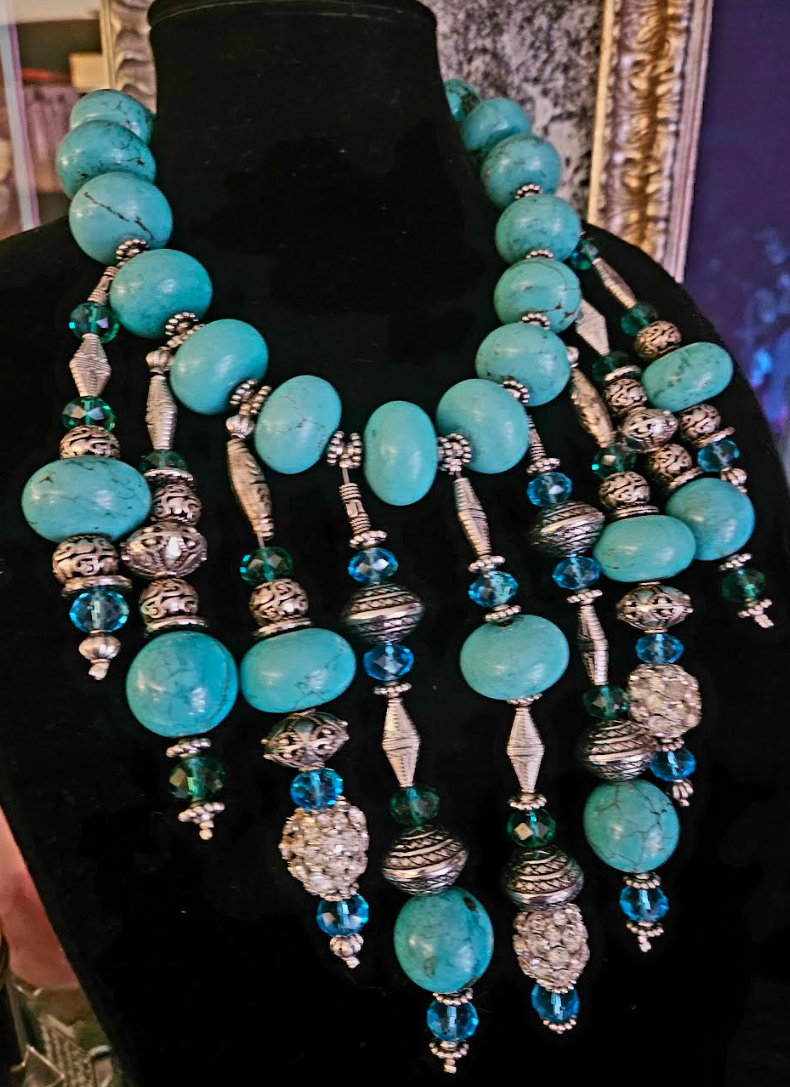 Blue & Silver Beaded Ornate Waterfall Luxury Necklace - Artist Jewelry