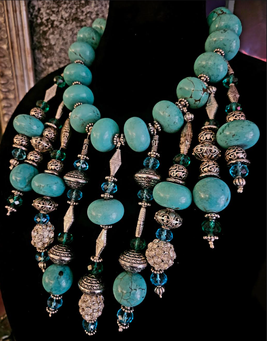 Blue & Silver Beaded Ornate Waterfall Luxury Necklace - Artist Jewelry
