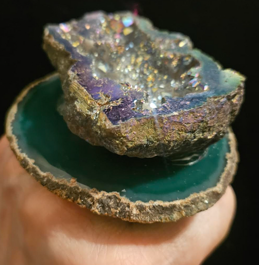 Green - Gray Titanium Druzy Geode & Agate Adjustable Statement Ring